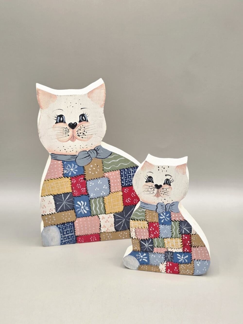 Hand Painted American Folkart Wooden Cat Shelf Sitters Set of 2 Vintage